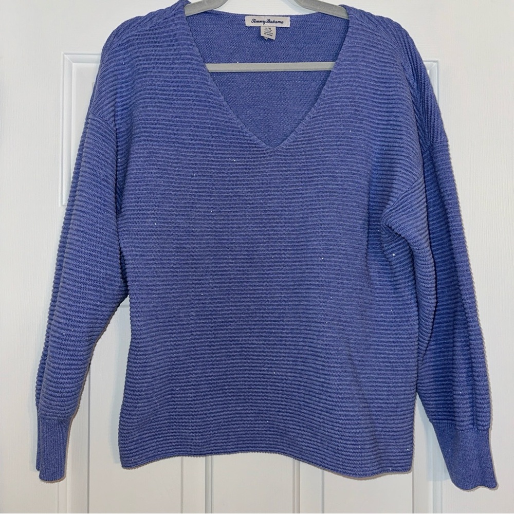 Tommy Bahama Women Blue Sparkle Ribbed Knit Sweater Large
